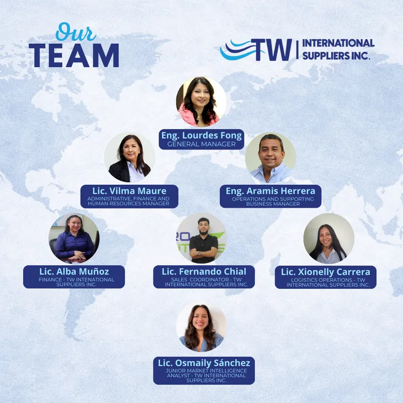 Our Team organizational chart: Eng. Lourdes Fong, General Manager; Lic. Vilma Maure, Administrative, Finance and Human Resources Manager; Eng. Aramis Herrera, Operations and Supporting Business Manager; Lic. Alba Muñoz, Finance; Lic. Fernando Chial, Sales Coordinator; Lic. Xionelly Carrera, Logistics Operations; Lic. Osmaily Sánchez, Junior Market Intelligence Analyst